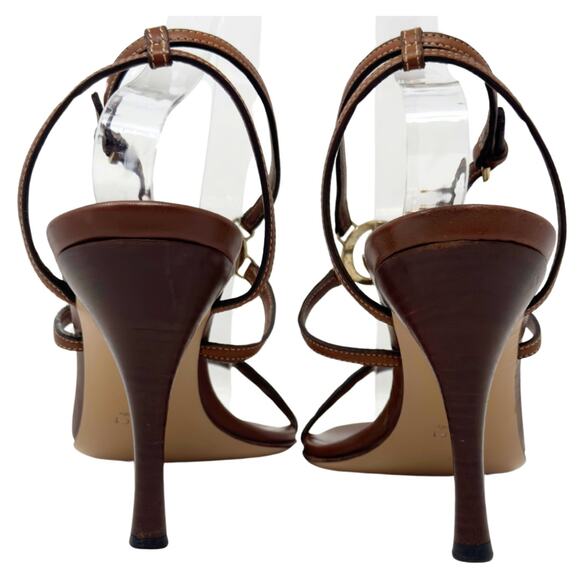 Gucci GG Logo White Gold Cognac Tan Brown Leather Strappy Heels Sandals US 8 - Picture 4 of 10